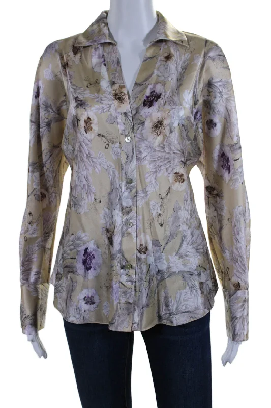 Vince Women's Collared Long Sleeves Button Down Floral Shirt Beige