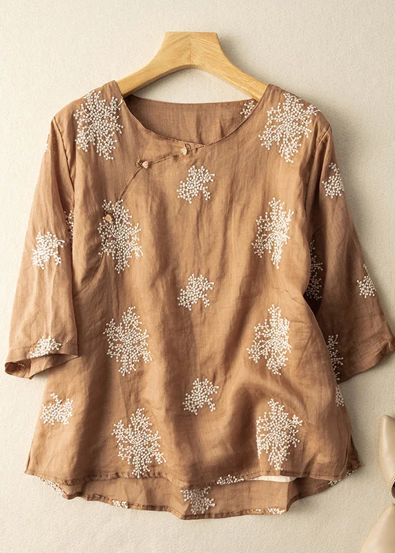 Vintage Brown O-Neck Embroidered Linen Shirt Top Summer