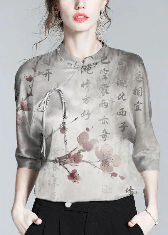 White text Elegant Silk Stand Collar Oriental Satin Shirt Top Half Sleeve Blouse