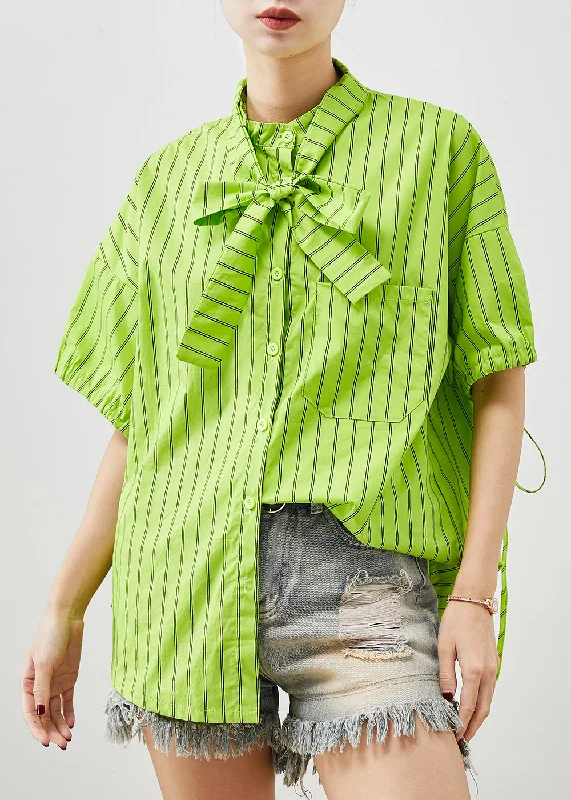 Women Grass Green Striped Cotton Shirt Tops Summer