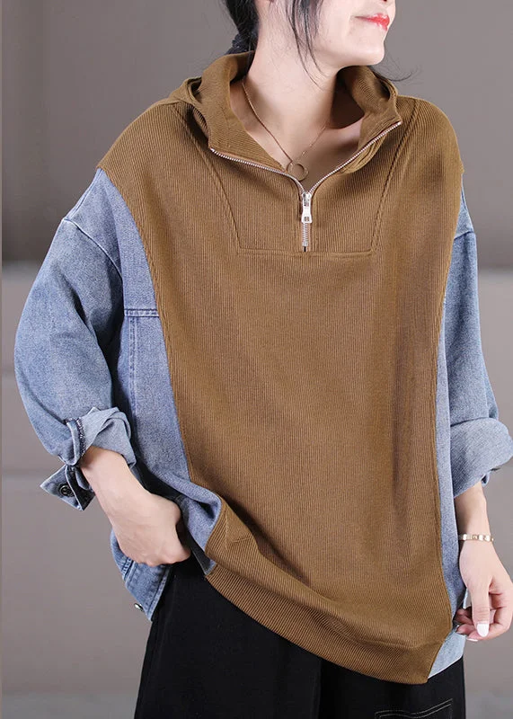 Women Khaki Zippered Patchwork Denim Hooded Top Long Sleeve