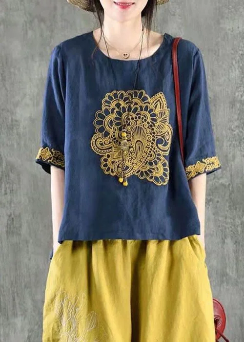 Women Navy O Neck Embroidered Cotton T Shirt Summer