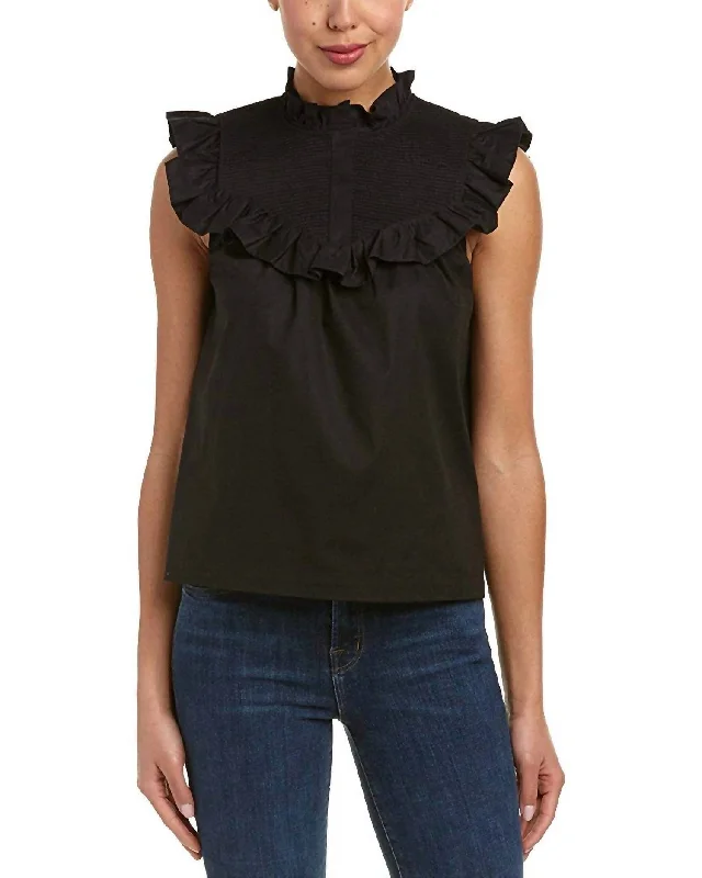 Hera Ruffle Trimmed Sleeveless Cotton Voile Blouse in Black