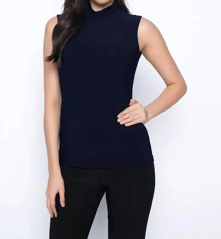 Sleeveless Mock Neck Top In Midnight Blue