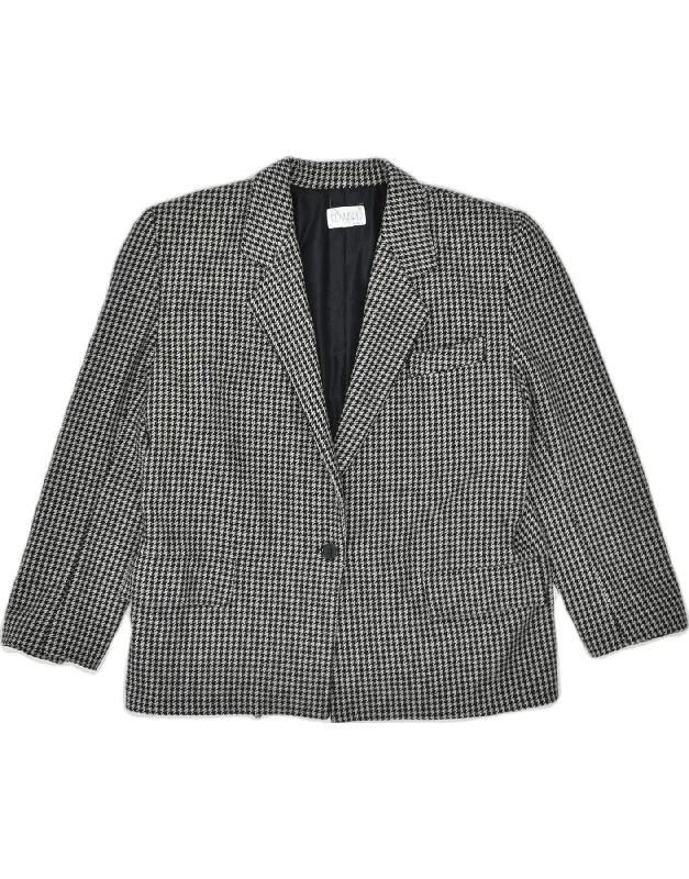 VINTAGE Womens 1 Button Blazer Jacket EU 42 Large Grey Check Wool Classic