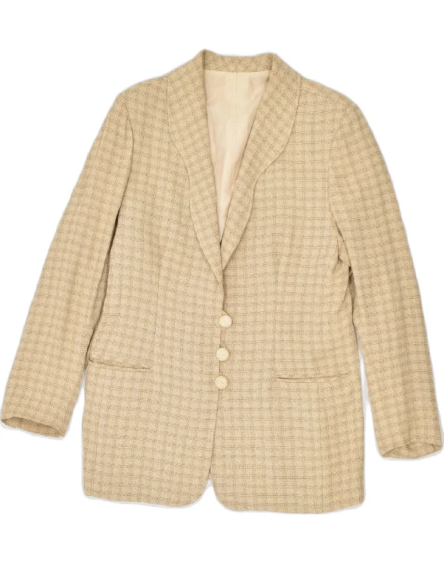 VINTAGE Womens 3 Button Blazer Jacket UK 14 Medium Beige Check Polyester