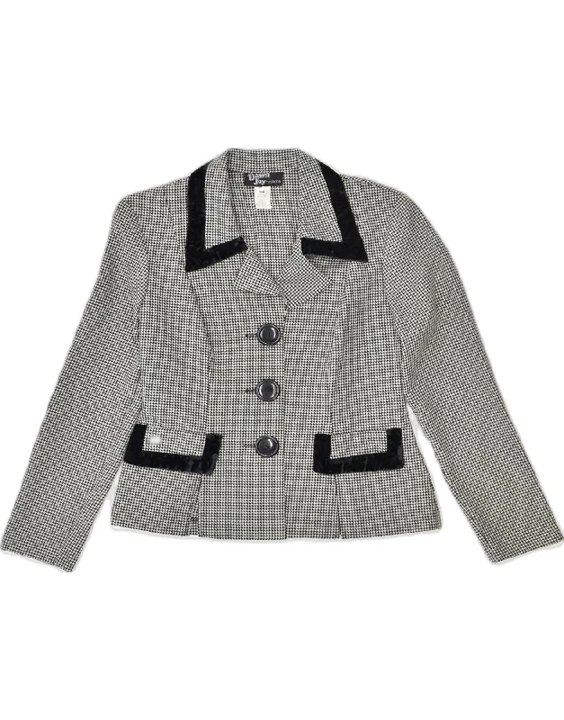 VINTAGE Womens 3 Button Blazer Jacket US 4 Small Grey Houndstooth Rayon