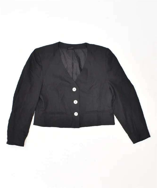 VINTAGE Womens Crop 3 Button Blazer Jacket UK 6 XS Black Viscose