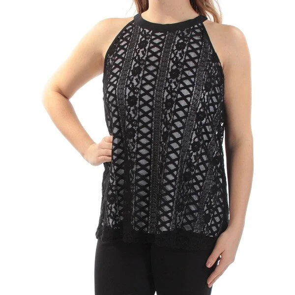 Alfani Womens Black Jewel Neck Lace Sleeveless Casual Top, Black, Size 16