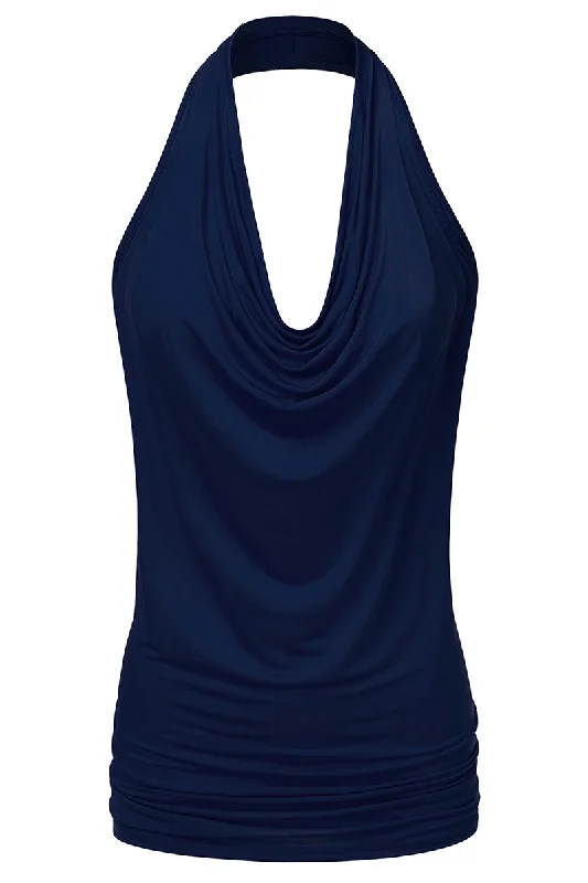 WOMENS SLEEVELESS HALTER NECK TIGHT FITTING DRAPED BLOUSE