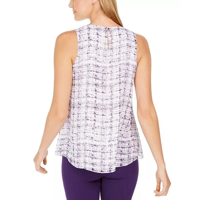 Calvin Klein Women's Sleeveless Printed Pleat-Neck Top Purple Size Large