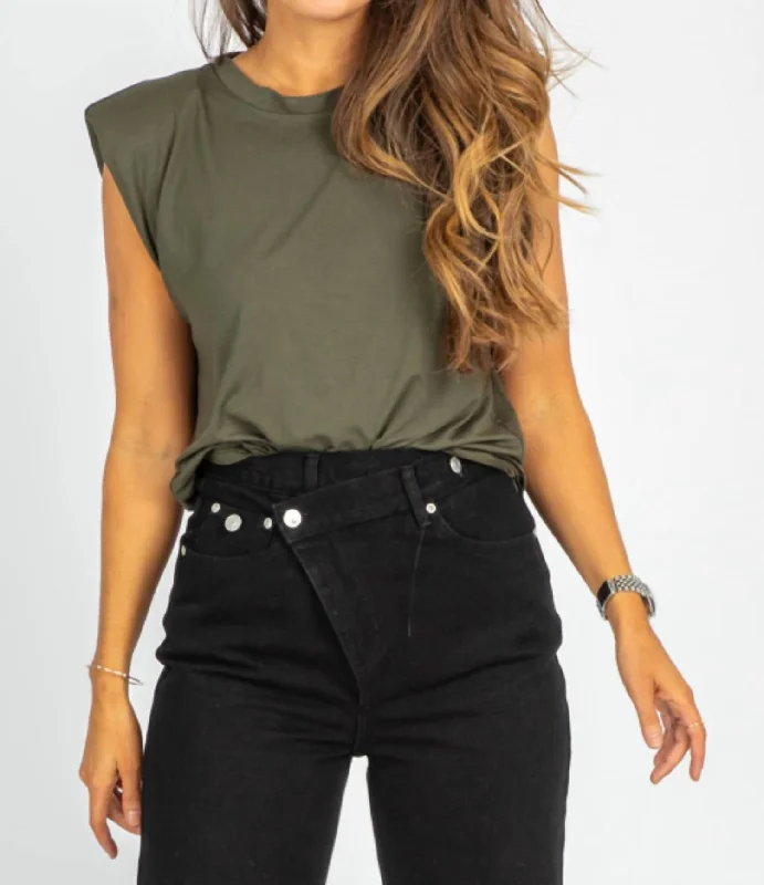 Sleeveless Shoulder Pad Top In Army Green