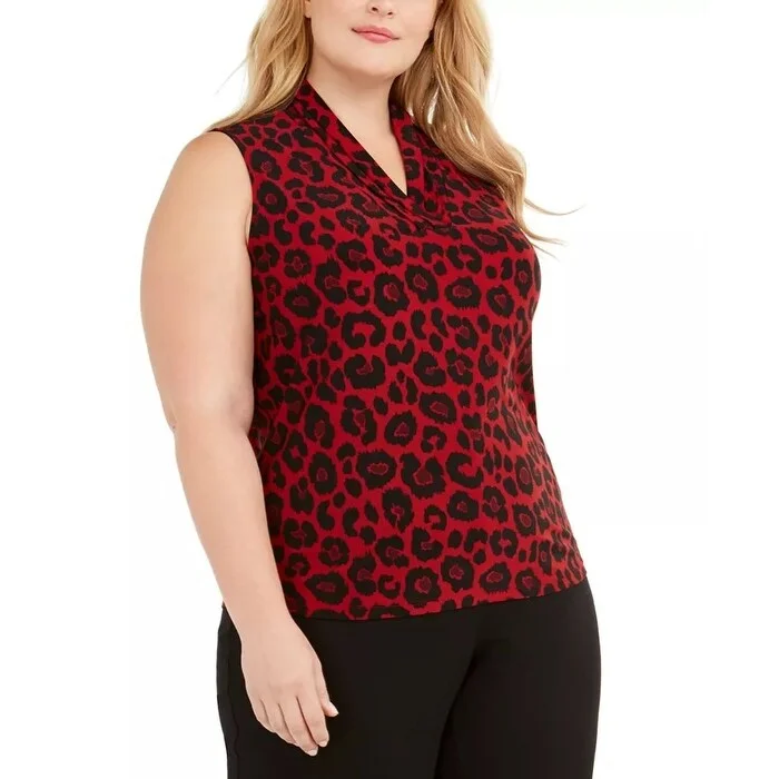 Anne Klein Women's Sleeveless Animal Print Top Red Size 3X