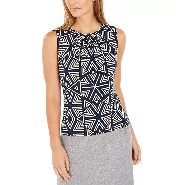 Calvin Klein Women's Sleeveless Printed Pleated-Neck Top Blue Size Large