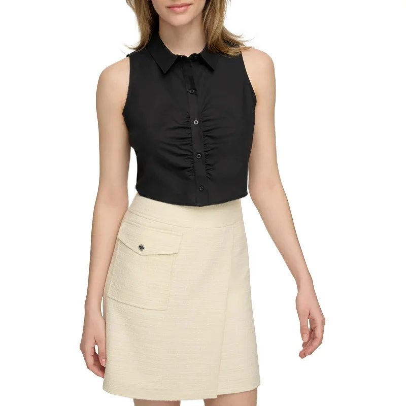 Calvin Klein Womens Collared Sleeveless Button-Down Top