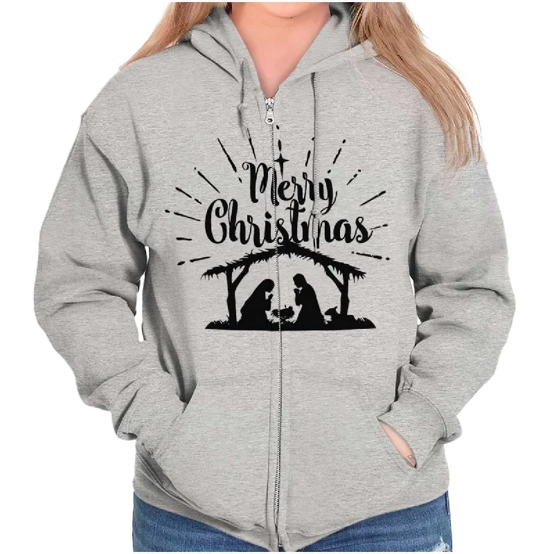 Nativity Scene Merry Christmas Zip Hoodie