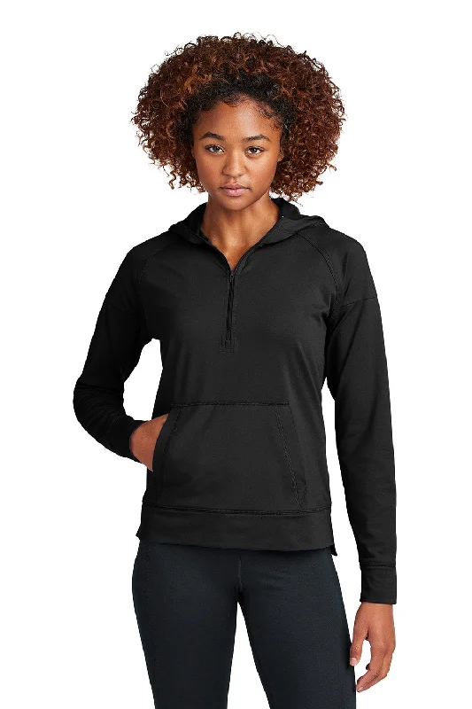 Sport-Tek Womens Sport-Wick Moisture Wicking 1/4 Zip Hooded Sweatshirt Hoodie w/ Kangaroo Pocket - Black - COMING SOON